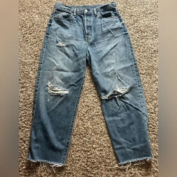 Etica Women's Distressed Ripped Grunge Blue Flare Jeans Button Up Size 29 - Picture 3 of 16